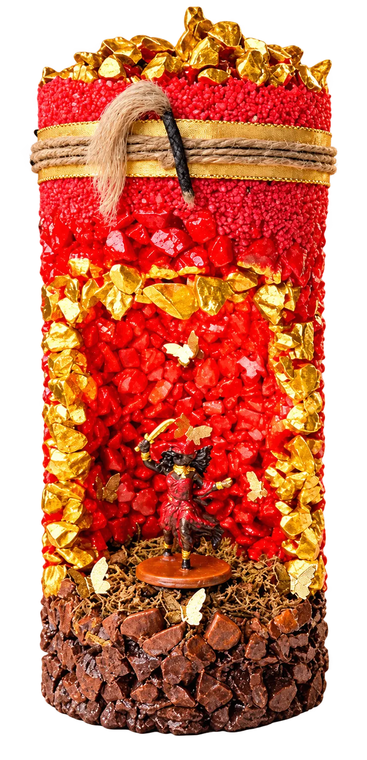 Santuário de Axé de Iansã com pedras vermelhas, folhas douradas e laço de juta.