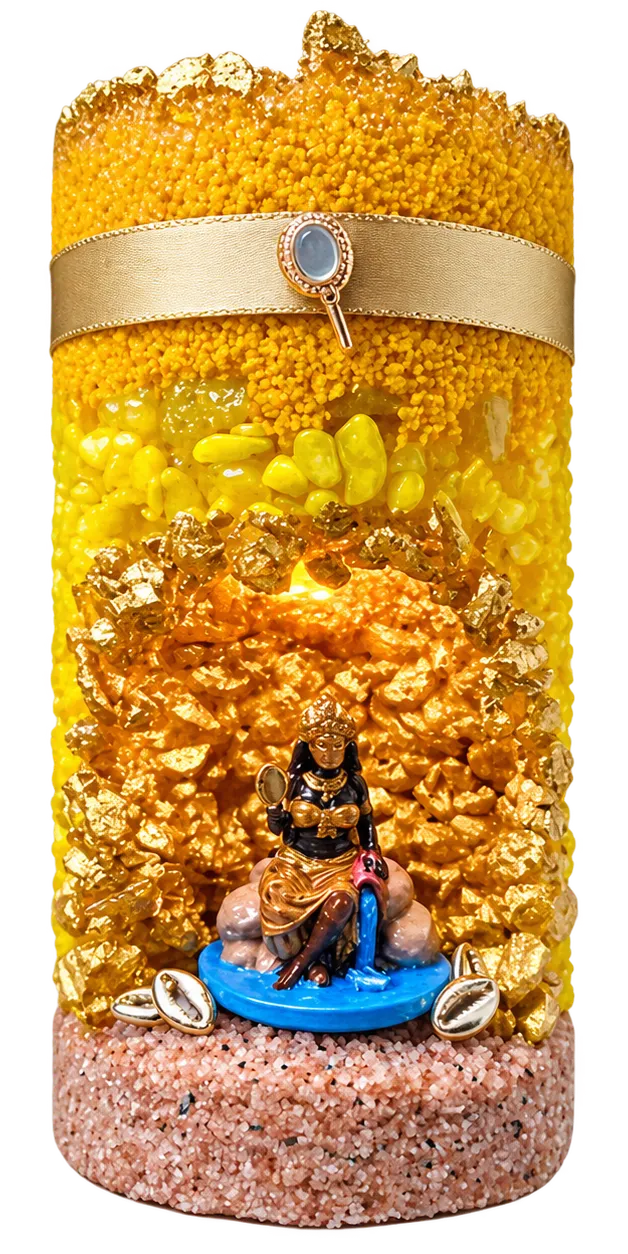 Porta-velas de Oxum em tons dourados, com fita champanhe e detalhes em ouro.
