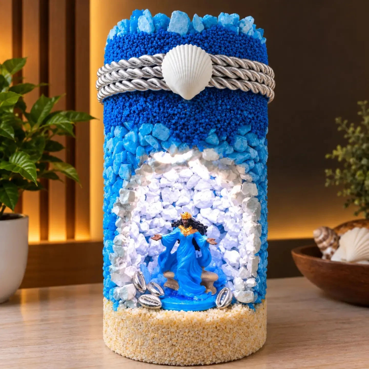 Luminária de Yemanjá acesa em azul e branco, com concha, búzios e a imagem de Yemanjá iluminada.